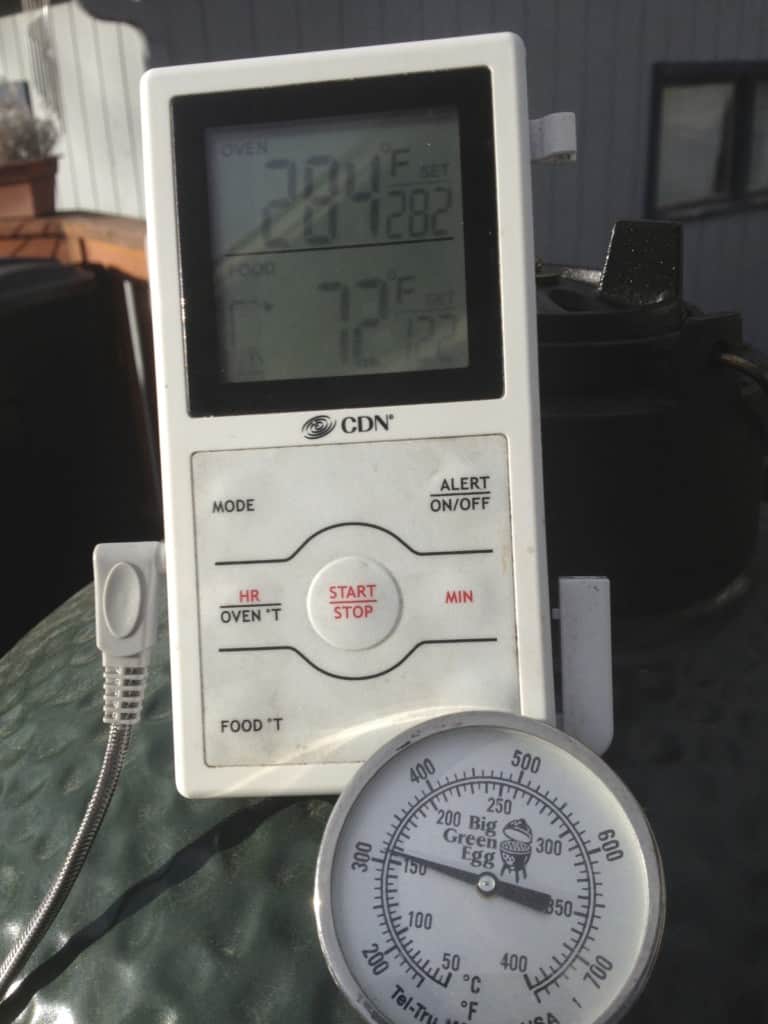 Temperature probe monitoring while steaks are roasting