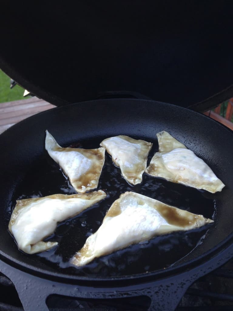 Crab Rangoon's crispy golden brown when cooked on the Big Green Egg