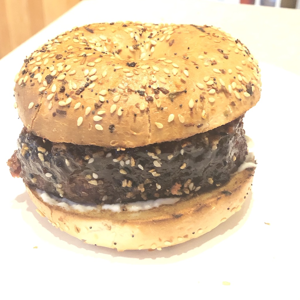 Everything Bagel meatloaf burger served on a bagel